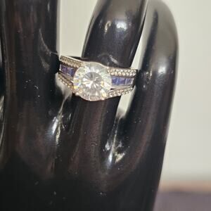 Sterling Silver CZ Statement Ring with Blue Channel Accents – Size 9